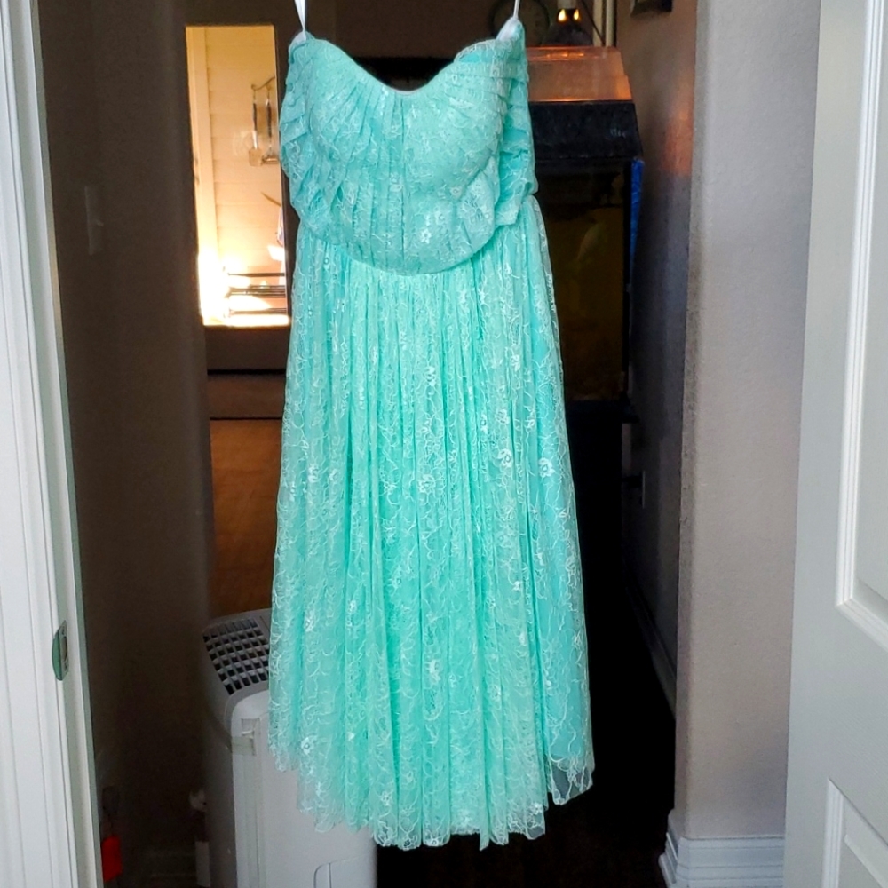 Azazie Knee Length Mint Green Lace Dress